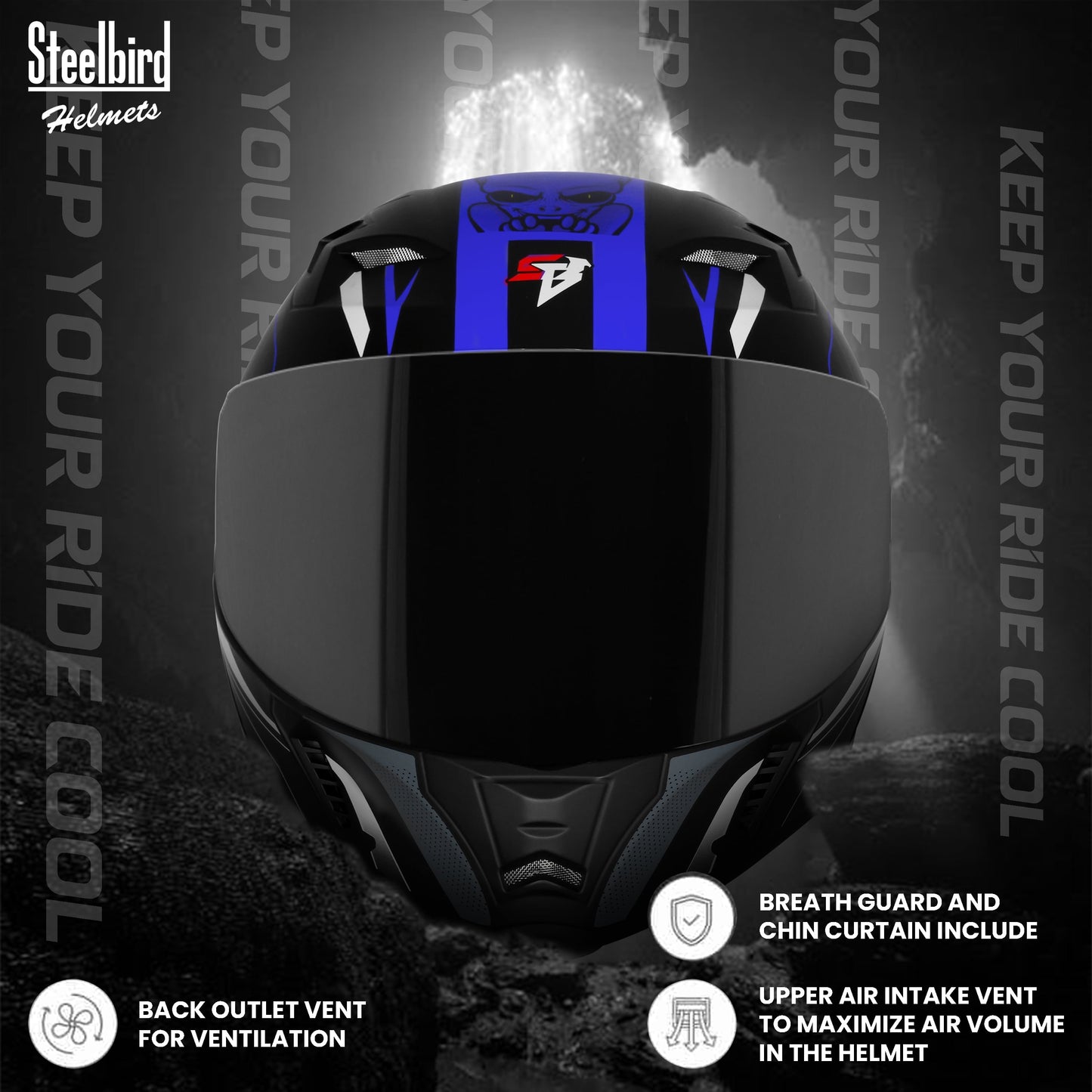 Steelbird SBA-20 Strange ISI Certified Flip-Up Graphic Helmet for Men and Women (Glossy Black Blue with Smoke Visor)