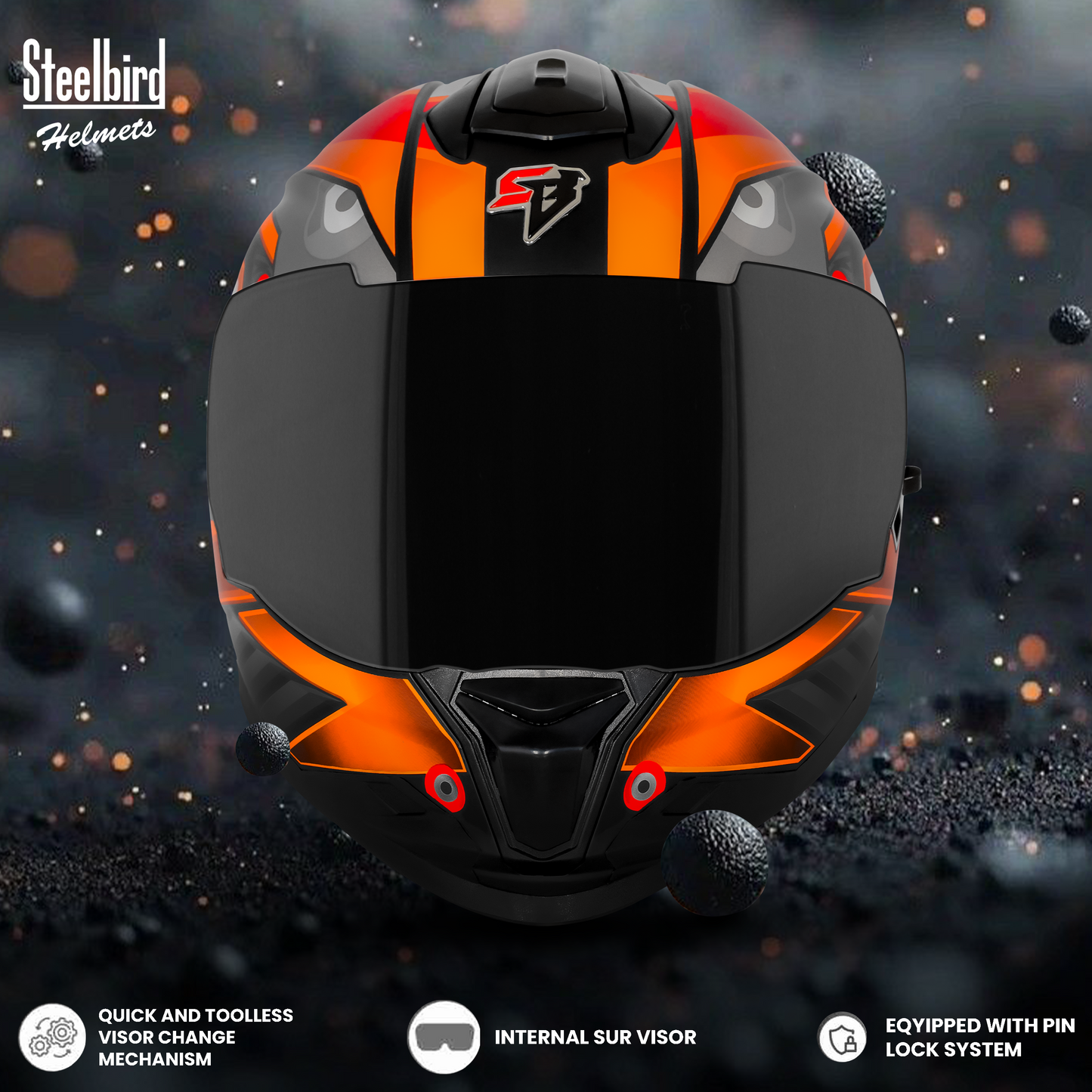 Steelbird SBH-57 Fighter F8 ISI and DOT Certified Full Face Graphic Helmet for Men and Women with Inner Silver Sun Shield (Glossy Black Orange)