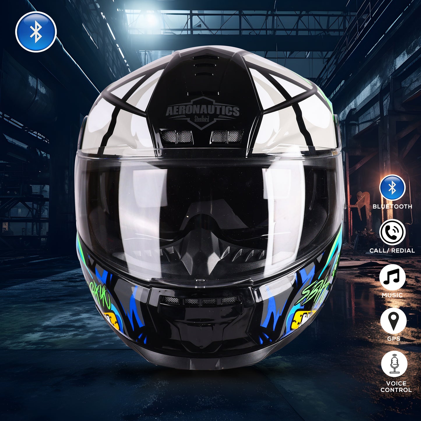 Steelbird Crazy Doe Bluetooth Full Face ISI Certified Graphic Helmet for Men with Inner Smoke Sun Shield SBH-40 7Wings (Glossy Black Blue) Medium