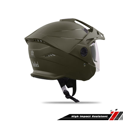 Steelbird SBH-23 GT Plus Open Face ISI Certified Helmet for Men and Women with Inner Sun Shield (Dashing Battle Green)