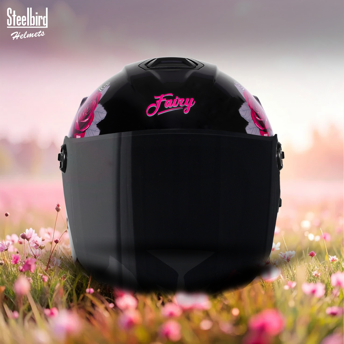 Steelbird SBH-80 Fairy FR1 ISI Certified Open Face Graphic Helmet for Women (Glossy Black Pink Rose with Smoke Visor)