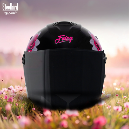 Steelbird SBH-80 Fairy FR1 ISI Certified Open Face Graphic Helmet for Women (Glossy Black Pink Rose with Smoke Visor)