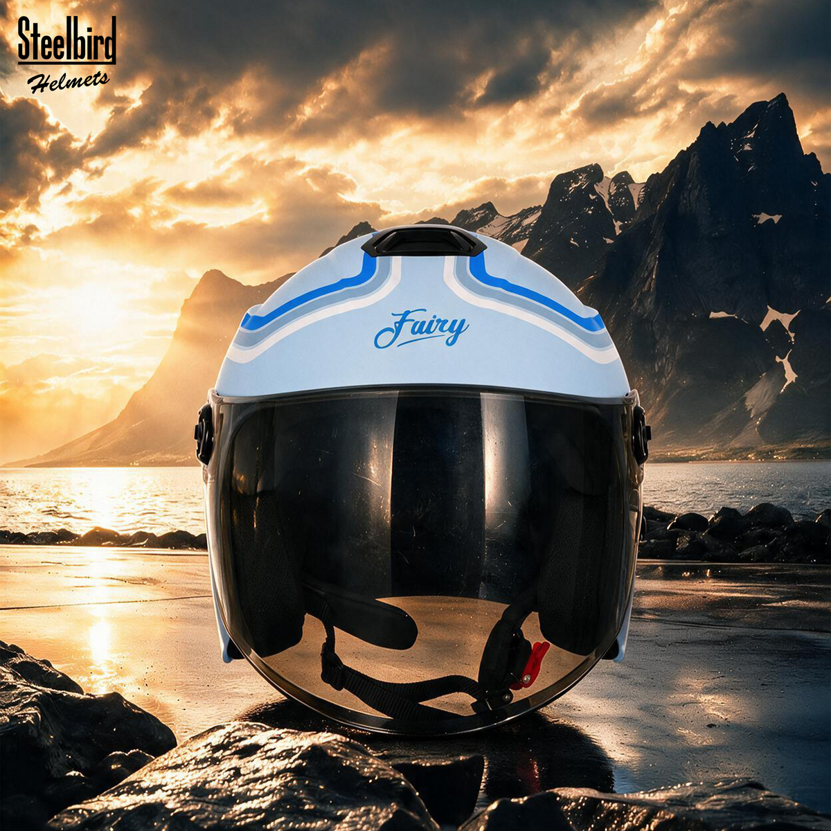 Steelbird SBH-80 Fairy FR6 ISI Certified Open Face Graphic Helmet for Women (Glossy Sea Blue Blue with Smoke Visor)