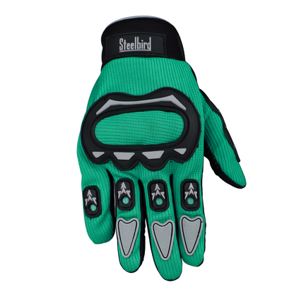 Refurbished Steelbird Full Finger Bike Riding Gloves with Touch Screen Sensitivity at Thumb and Index Finger, Protective Off-Road Motorbike Racing (Green Grey)