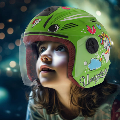 Steelbird SBA-6 Unicorn ISI Certified Open Face Graphic Helmet for Women and Kids (Matt Green with Clear Visor)