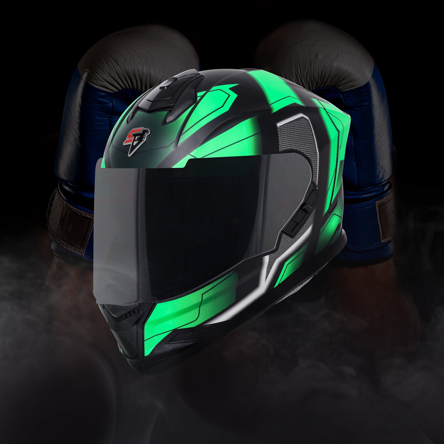 Steelbird SBH-57 Fighter F3 ISI and DOT Certified Full Face Helmet for Men and Women with Inner Silver Sun Shield (Glossy Black Green)