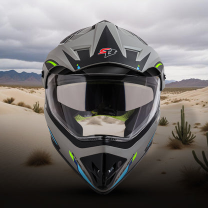 Steelbird Racer Off Road ISI Certified Motocross Double Visor Full Face Graphic Helmet Outer Clear Visor and Inner Silver Sun Shield (Glossy Grey Green)