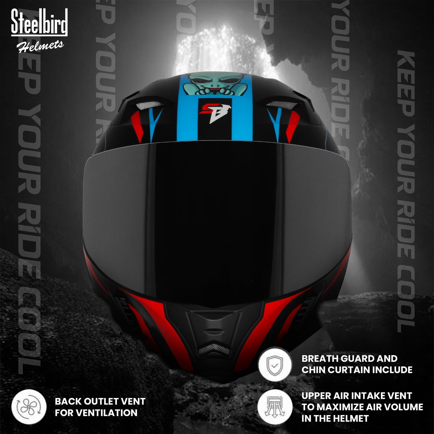 Steelbird SBA-20 Strange ISI Certified Flip-Up Graphic Helmet for Men and Women (Glossy Black Cyan Green with Smoke Visor)