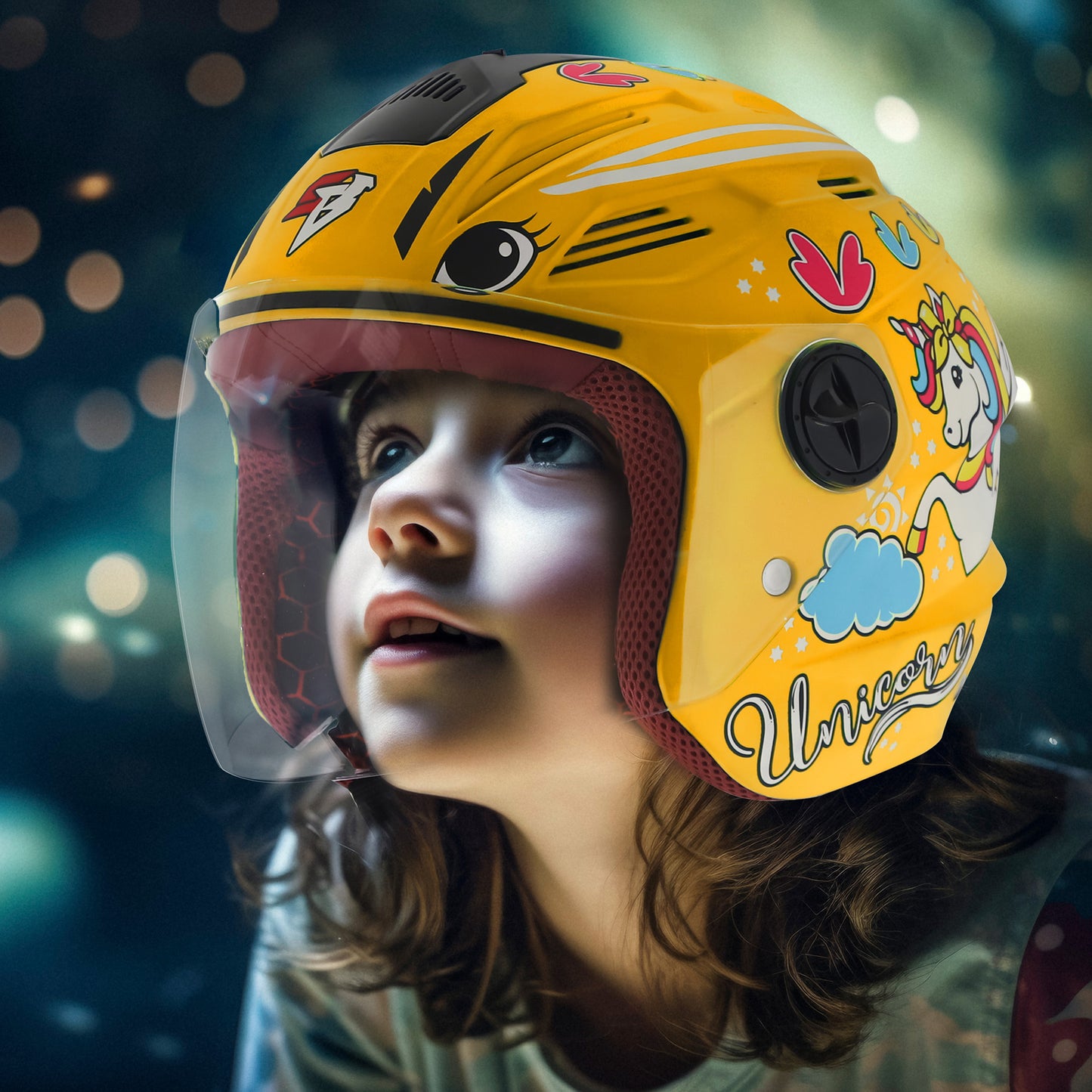 Steelbird SBA-6 Unicorn ISI Certified Open Face Graphic Helmet for Women and Kids (Matt Yellow with Clear Visor)