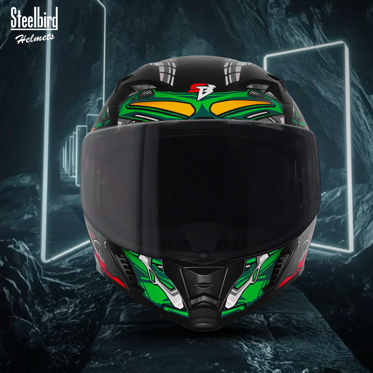 Steelbird SBA-20 ROBO ISI Certified Flip-Up Graphic Helmet for Men with Inner Sun Shield (Glossy Black Green with Smoke Visor)
