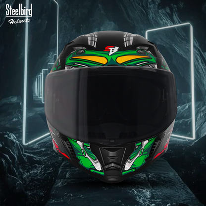 Steelbird SBA-20 ROBO ISI Certified Flip-Up Graphic Helmet for Men with Inner Sun Shield (Glossy Black Green with Smoke Visor)