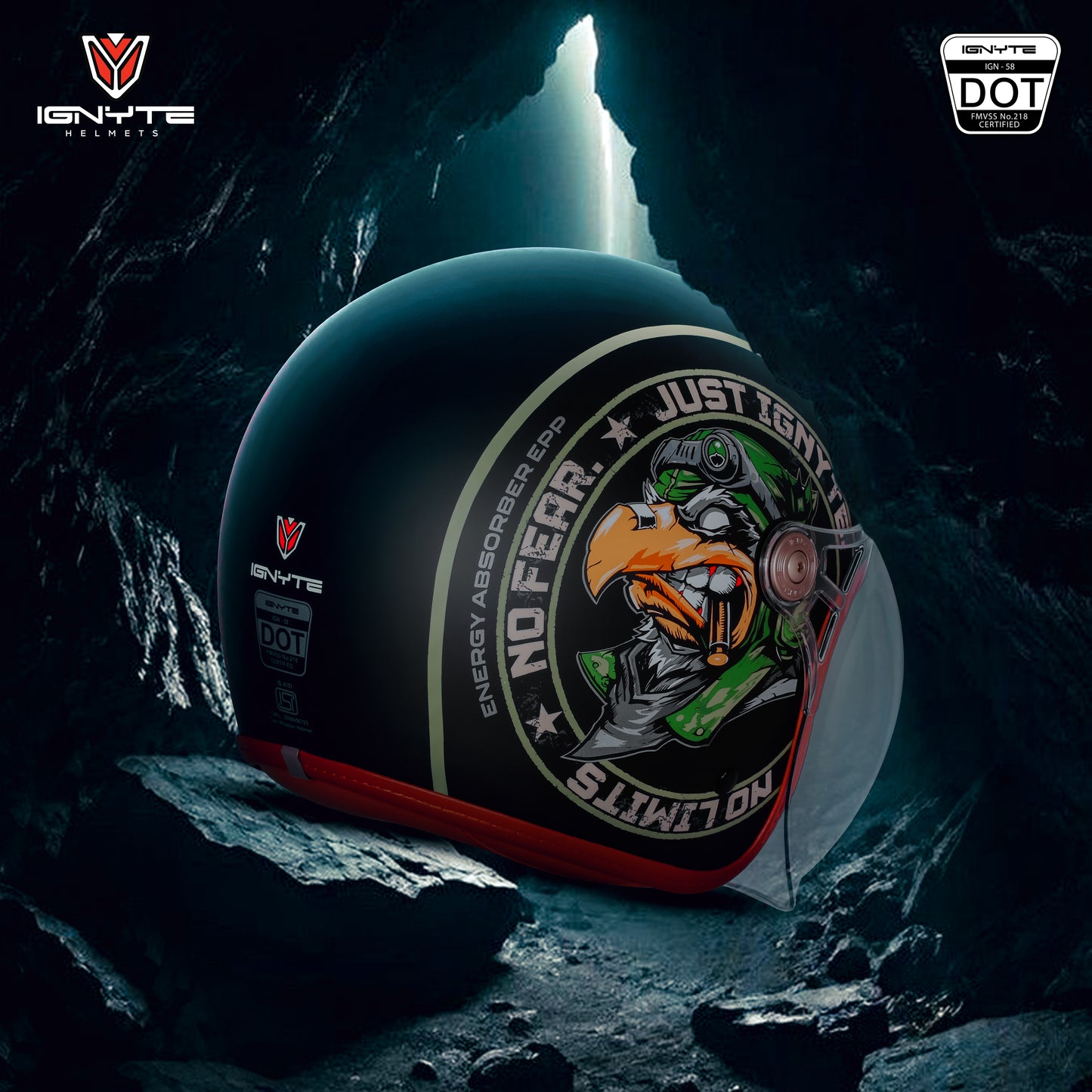 Ignyte IGN-58 Eagle ISI and DOT Certified Open Face Graphic Helmet for Men and Women (Glossy Black Green)