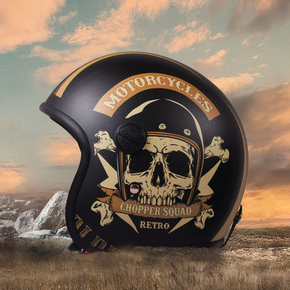 Steelbird SBH-55 Chopper Squad ISI Certified Open Face Helmet for Men and Women (Glossy Black Gold)