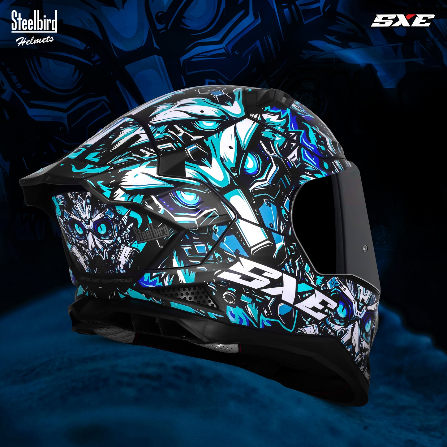 Steelbird SBH-61 SXE X1 Pinlock ISI and Dot Certified Full Face Helmet for Men with Inner Silver Sunshield (Glossy Black Sky Blue with Smoke Visor)