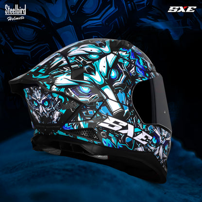 Steelbird SBH-61 SXE X1 Pinlock ISI and Dot Certified Full Face Helmet for Men with Inner Silver Sunshield (Glossy Black Sky Blue with Smoke Visor)