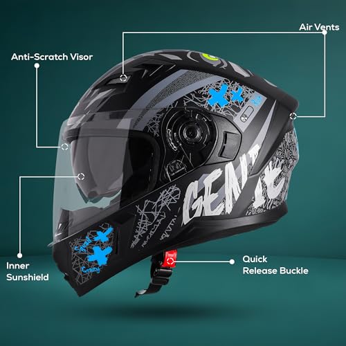 Steelbird SBA-21 Genie ISI Certified Full Face Graphic Helmet for Men and Women with Inner Smoke Sun Shield (Glossy Black Jazz Blue)