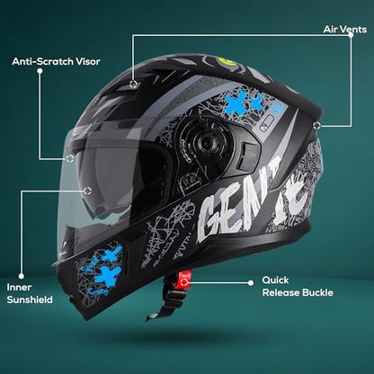 Steelbird SBA-21 Genie ISI Certified Full Face Graphic Helmet for Men and Women with Inner Smoke Sun Shield (Glossy Black Jazz Blue)