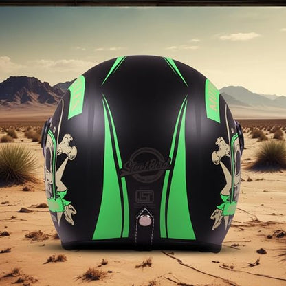 Steelbird SBH-55 Chopper Squad ISI Certified Open Face Helmet for Men and Women (Glossy Black Green)