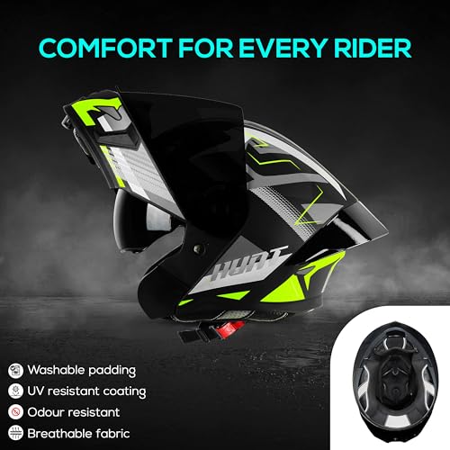 Steelbird SBA-20 Hunt ISI Certified Flip-Up Graphic Helmet for Men and Women with Inner Smoke Sun Shield (Matt Black Neon with Black Spoiler and Smoke Visor)