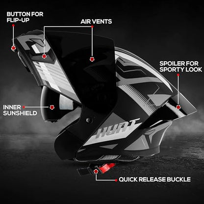 Steelbird SBA-20 Hunt ISI Certified Flip-Up Graphic Helmet for Men and Women with Inner Smoke Sun Shield (Matt Black Grey with Black Spoiler and Smoke Visor)