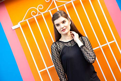 ORZEL Round Neck Studded Lace Full Sleeves Fitted Top ( Black)