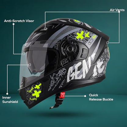 Steelbird SBA-21 Genie ISI Certified Full Face Graphic Helmet for Men and Women with Inner Smoke Sun Shield (Glossy Black Neon)