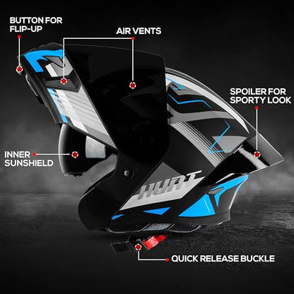Steelbird SBA-20 Hunt ISI Certified Flip-Up Graphic Helmet for Men and Women with Inner Smoke Sun Shield (Matt Black Jazz Blue with Black Spoiler and Smoke Visor)