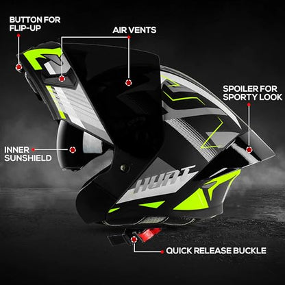 Steelbird SBA-20 Hunt ISI Certified Flip-Up Graphic Helmet for Men and Women with Inner Smoke Sun Shield (Matt Black Neon with Black Spoiler and Smoke Visor)