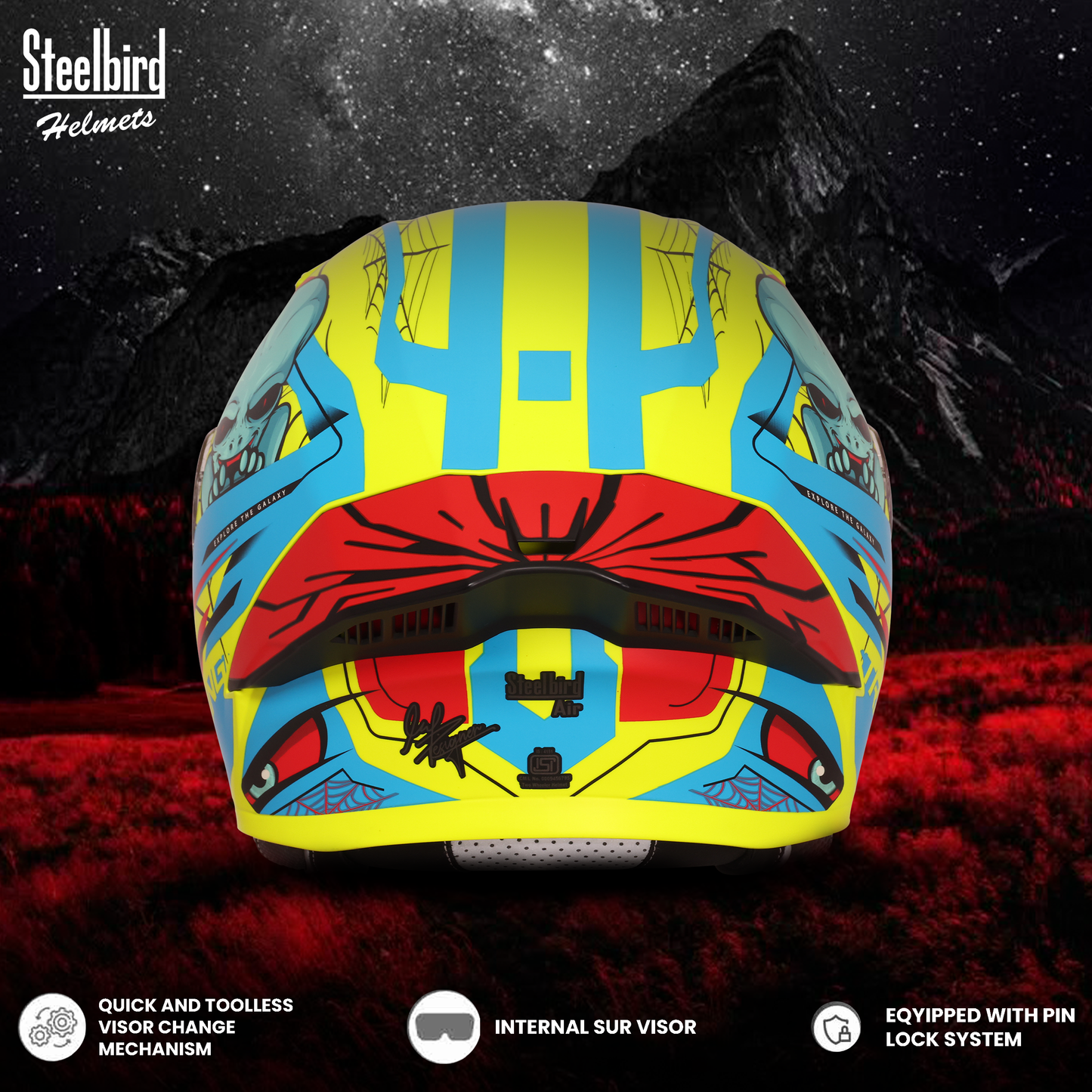 Steelbird SBA-20 Strange ISI Certified Flip-Up Graphic Helmet for Men and Women with Inner Silver Sun Shield (Glossy Fluo Neon Cyan Green with Smoke Visor)
