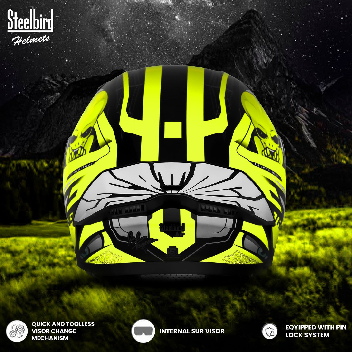 Steelbird SBA-20 Strange ISI Certified Flip-Up Graphic Helmet for Men and Women (Glossy Black Neon with Smoke Visor)