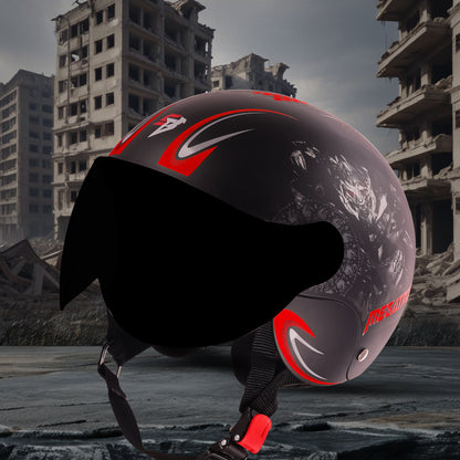 Steelbird SBH-16 Megatron ISI Certified Open Face Graphic Helmet for Men and Women (Glossy Black Red with Smoke Visor)