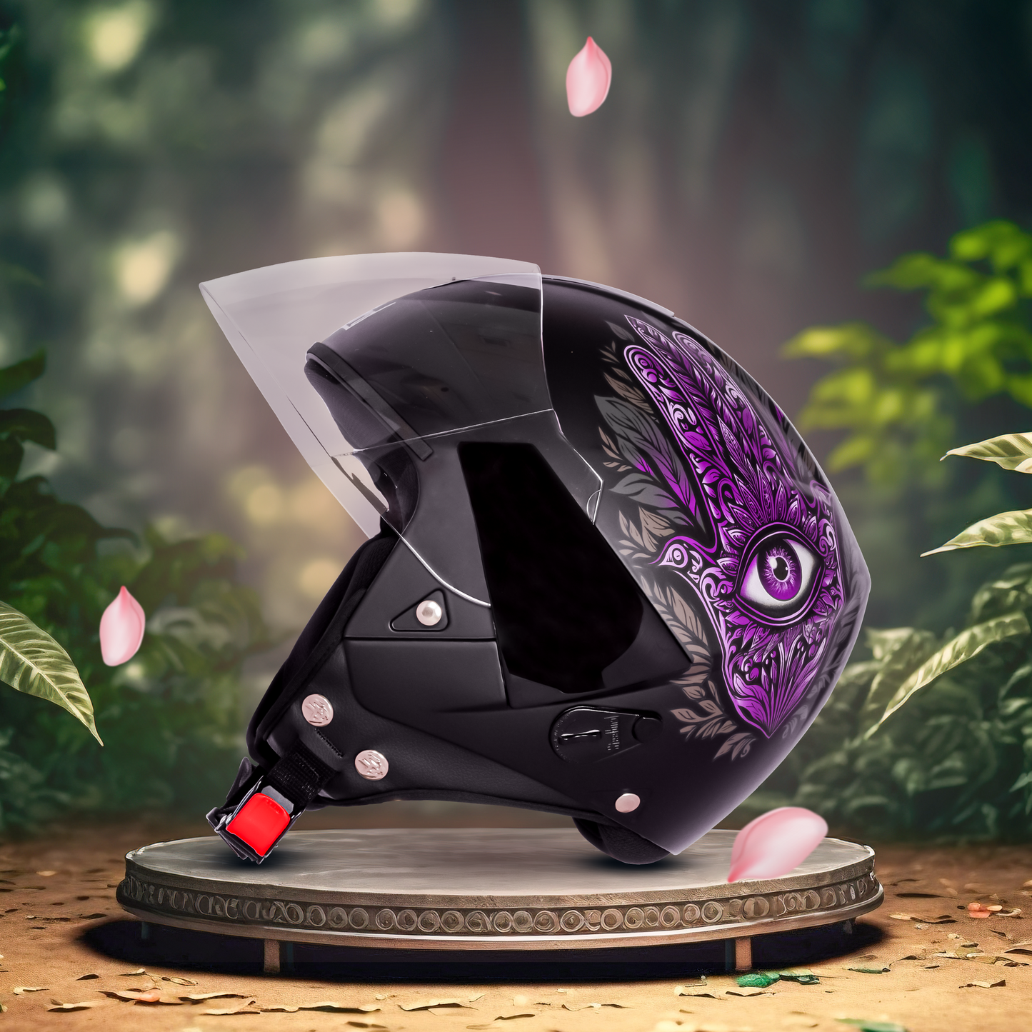 SBH-5 Hamsa Eye Graphic Helmet ISI Certified Open Face Helmet for Women (Glossy Black Pink)