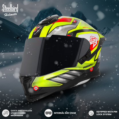 Steelbird SBH-57 Fighter F8 ISI and DOT Certified Full Face Graphic Helmet for Men and Women with Inner Silver Sun Shield (Glossy Black Neon)