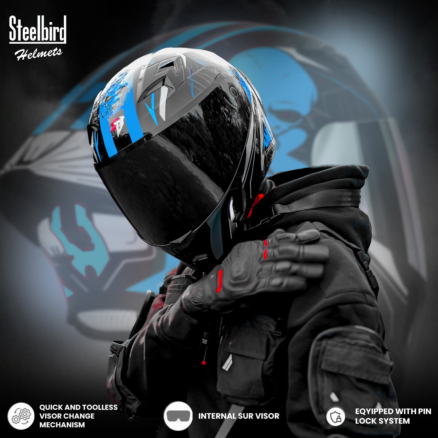 Steelbird SBA-20 Strange ISI Certified Flip-Up Graphic Helmet for Men and Women (Glossy Black Jazz Blue)