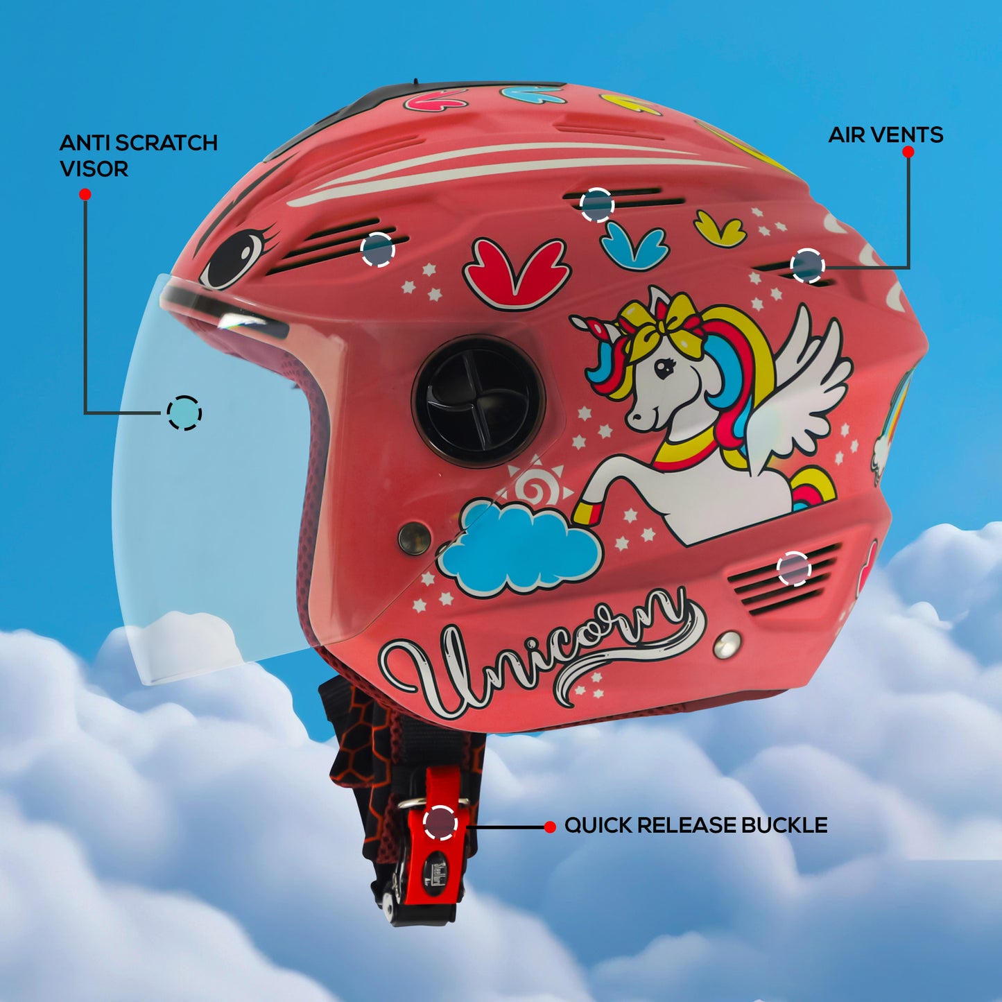 Steelbird SBA-6 Unicorn ISI Certified Open Face Graphic Helmet for Women and Kids (Matt Pink with Clear Visor)