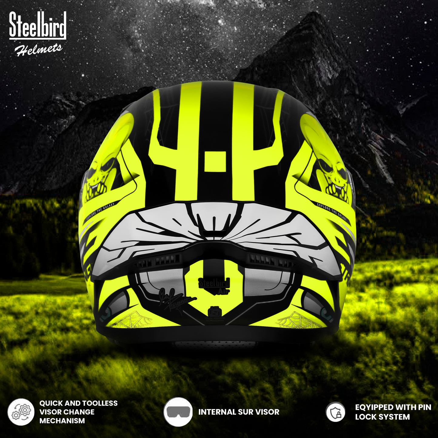 Steelbird SBA-20 Strange ISI Certified Flip-Up Graphic Helmet for Men and Women with Inner Silver Sun Shield (Glossy Black Neon with Smoke Visor)
