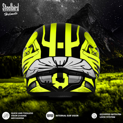 Steelbird SBA-20 Strange ISI Certified Flip-Up Graphic Helmet for Men and Women with Inner Silver Sun Shield (Glossy Black Neon with Smoke Visor)