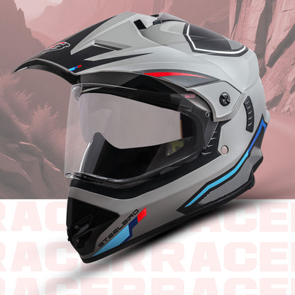 Steelbird Racer Off Road ISI Certified Motocross Double Visor Full Face Graphic Helmet Outer Clear Visor and Inner Silver Sun Shield (Glossy Grey Red)