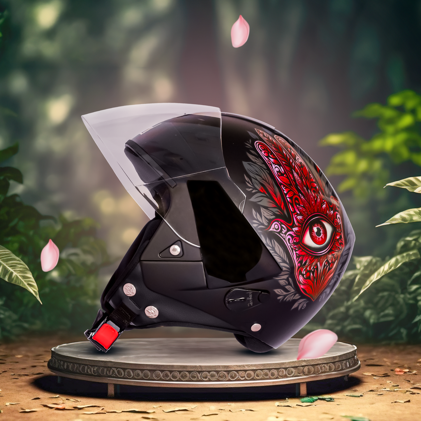 SBH-5 Hamsa Eye Graphic Helmet ISI Certified Open Face Helmet for Women (Glossy Black Red)