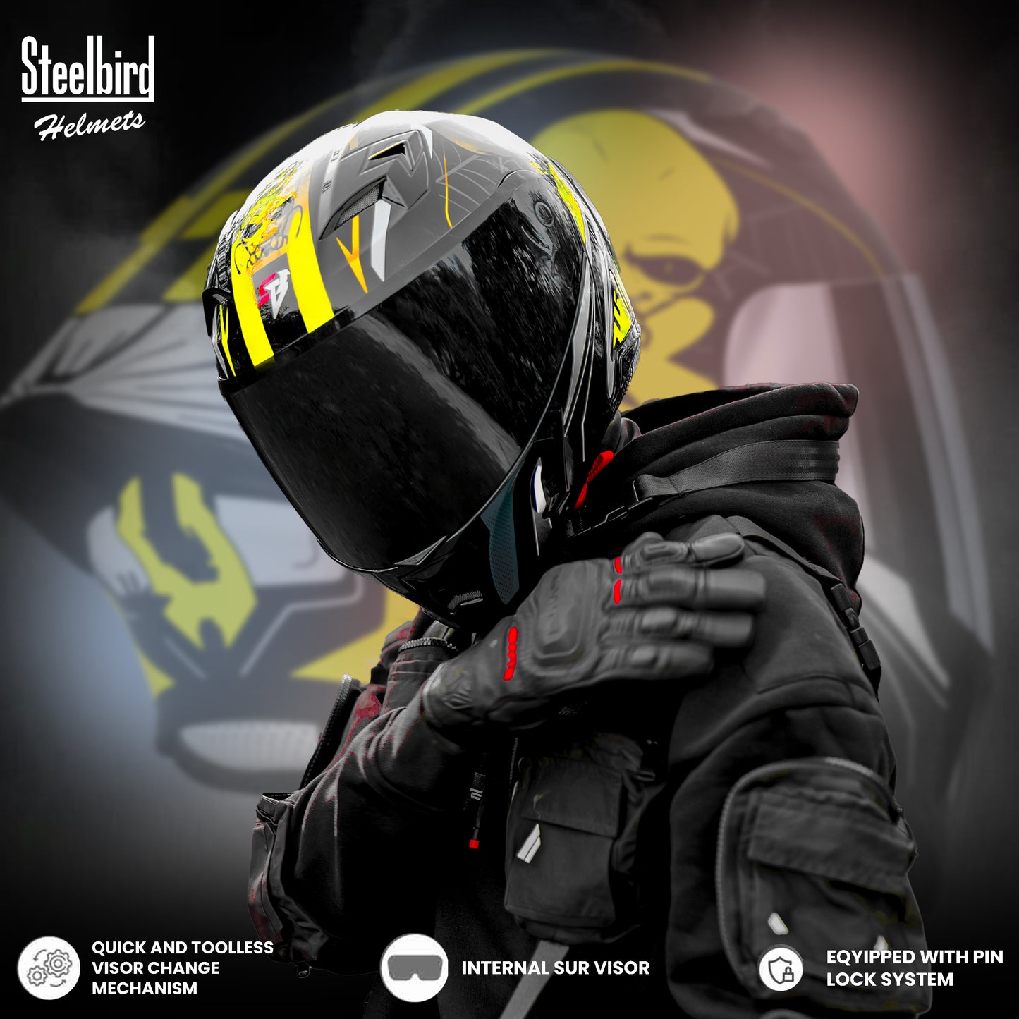 Steelbird SBA-20 Strange ISI Certified Flip-Up Graphic Helmet for Men and Women (Glossy Black Neon)