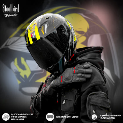 Steelbird SBA-20 Strange ISI Certified Flip-Up Graphic Helmet for Men and Women (Glossy Black Neon)