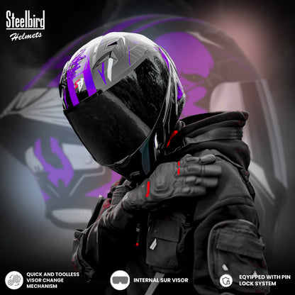 Steelbird SBA-20 Strange ISI Certified Flip-Up Graphic Helmet for Men and Women (Glossy Black Purple)