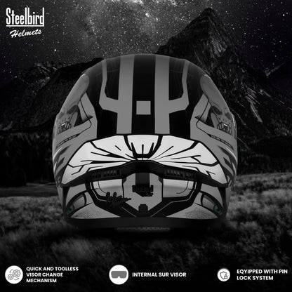Steelbird SBA-20 Strange ISI Certified Flip-Up Graphic Helmet for Men and Women (Glossy Black Grey with Smoke Visor)