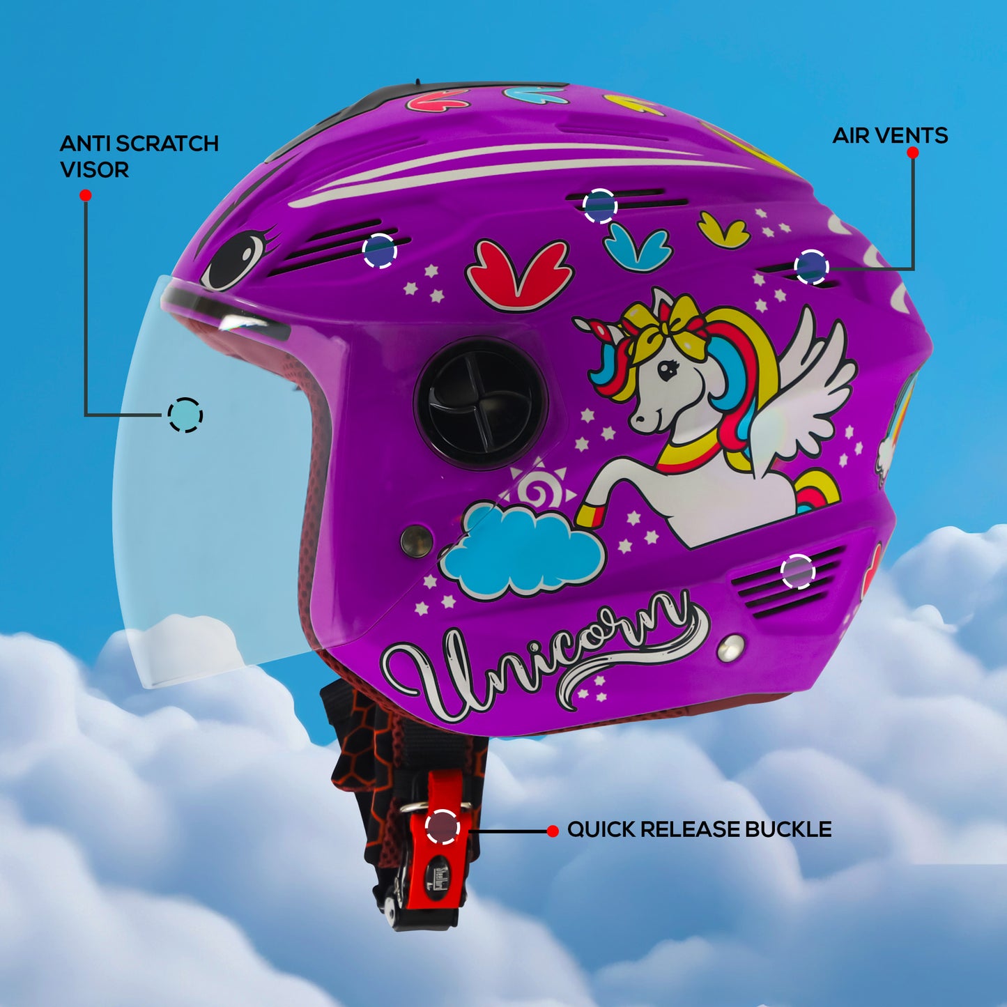 Steelbird SBA-6 Unicorn ISI Certified Open Face Graphic Helmet for Women and Kids (Matt Voilet with Clear Visor)