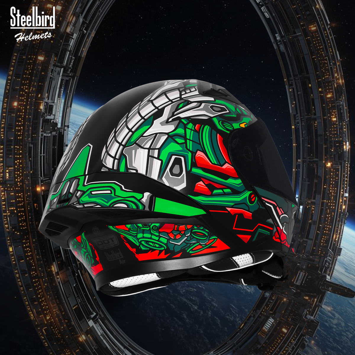 Steelbird SBA-20 ROBO ISI Certified Flip-Up Graphic Helmet for Men with Inner Sun Shield (Glossy Black Green with Smoke Visor)