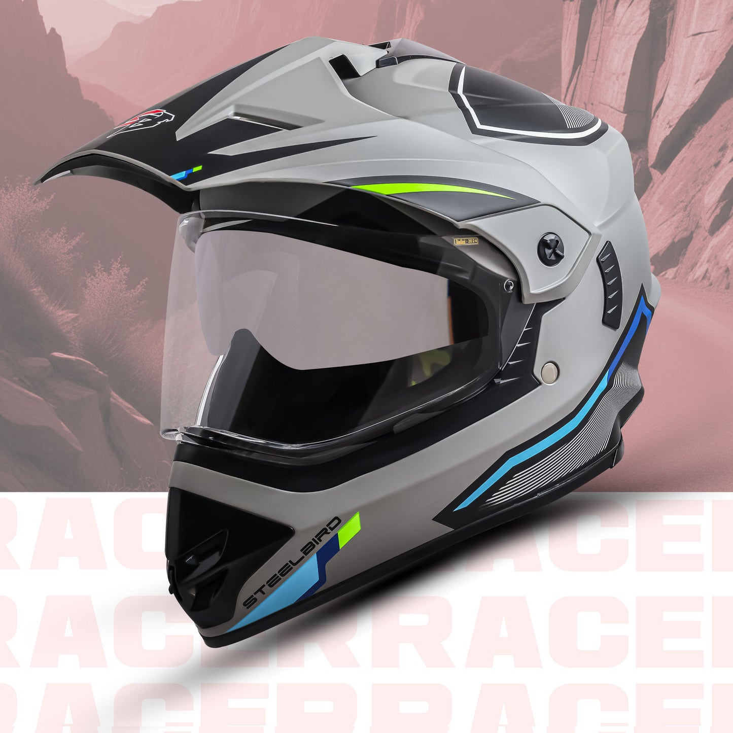 Steelbird Racer Off Road ISI Certified Motocross Double Visor Full Face Graphic Helmet Outer Clear Visor and Inner Silver Sun Shield (Glossy Grey Green)