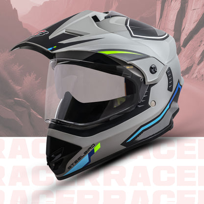 Steelbird Racer Off Road ISI Certified Motocross Double Visor Full Face Graphic Helmet Outer Clear Visor and Inner Silver Sun Shield (Glossy Grey Green)