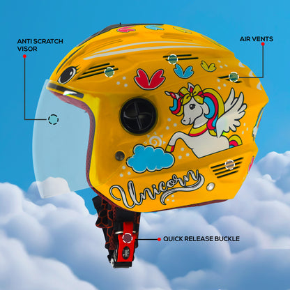 Steelbird SBA-6 Unicorn ISI Certified Open Face Graphic Helmet for Women and Kids (Matt Yellow with Clear Visor)