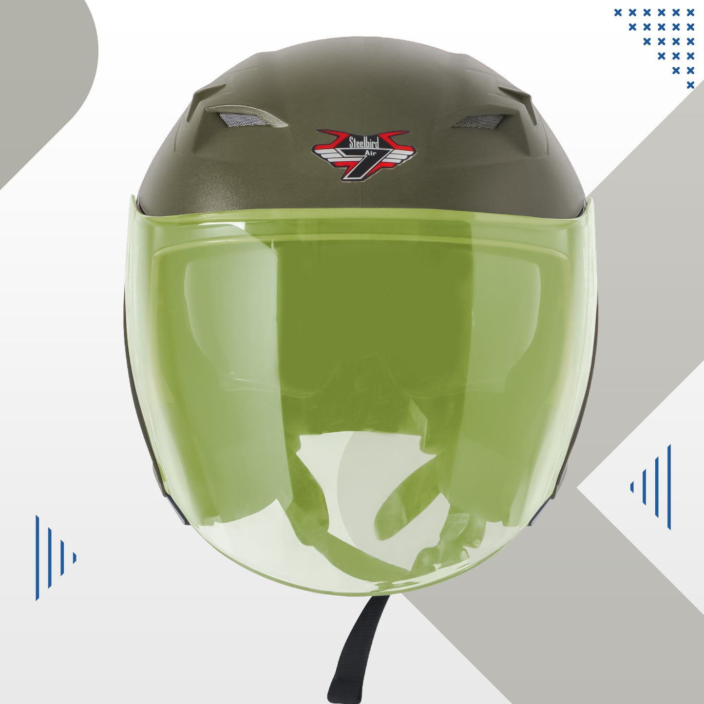 Steelbird SBA-17 7Wings ISI Certified Open Face Helmet for Men and Women with Inner Smoke Sun Shield (Dashing Battle Green with Tinted Yellow Visor)