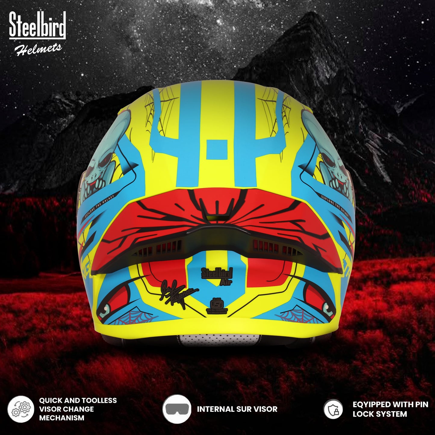 Steelbird SBA-20 Strange ISI Certified Flip-Up Graphic Helmet for Men and Women (Glossy Fluo Neon Cyan Green  with Smoke Visor)